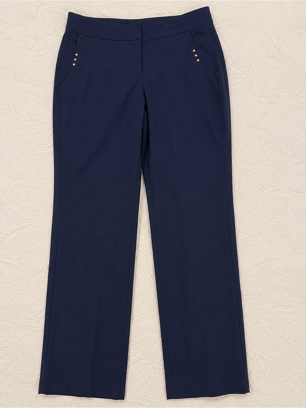 JM Collection Navy Straight-Leg Pull-On Pants with Gold Studs